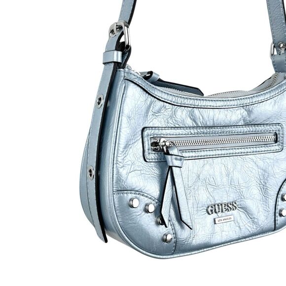 Guess Y2K Chanera Mini Shoulder Bag Blue Metallic Baguette Logo Vegan Studded - Picture 4 of 16